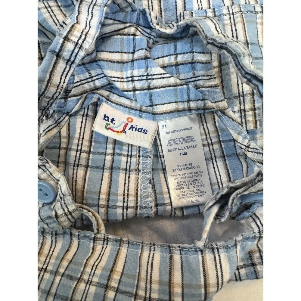 Vintage B.T. Kids Boys Plaid Blue Overalls Puppy Size 18‎ Months